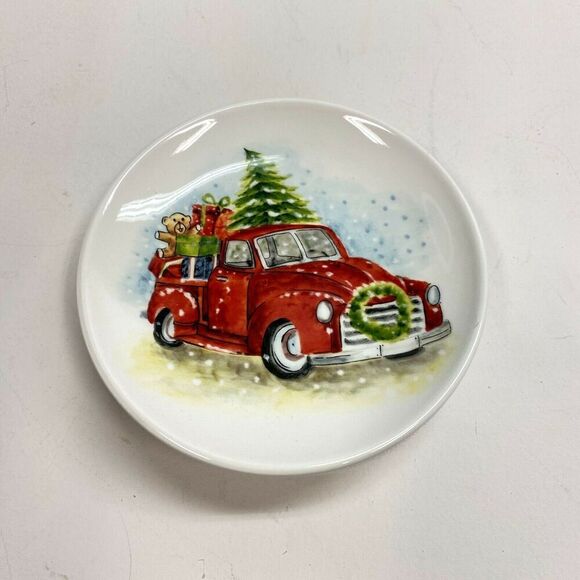 New Maxcera Christmas Side Appetizer Plates Vintage Red Truck Beatle Bug Set 4 - Picture 5 of 7
